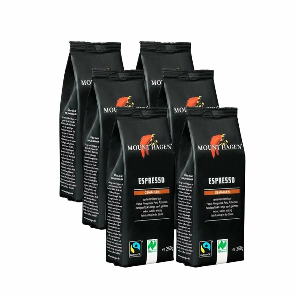 Bio Fairtrade Espresso, Gemahlen, Ganzer Karton 6 Stück 3 Bio Fairtrade Espresso, Gemahlen, Ganzer Karton 6 Stück